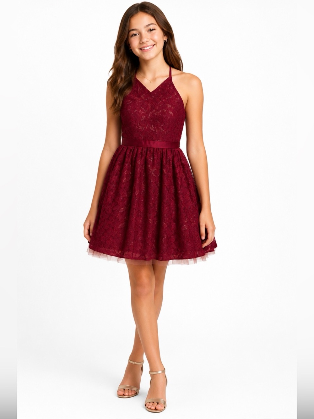 Sequence hearts, Elegant Burgundy Lace Kids Dress, Size 16 girls